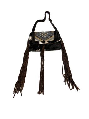 Myra Fringed Leather Shoulder Bag with Beaded Flap - Black/Brown Rodeo Cowgirl